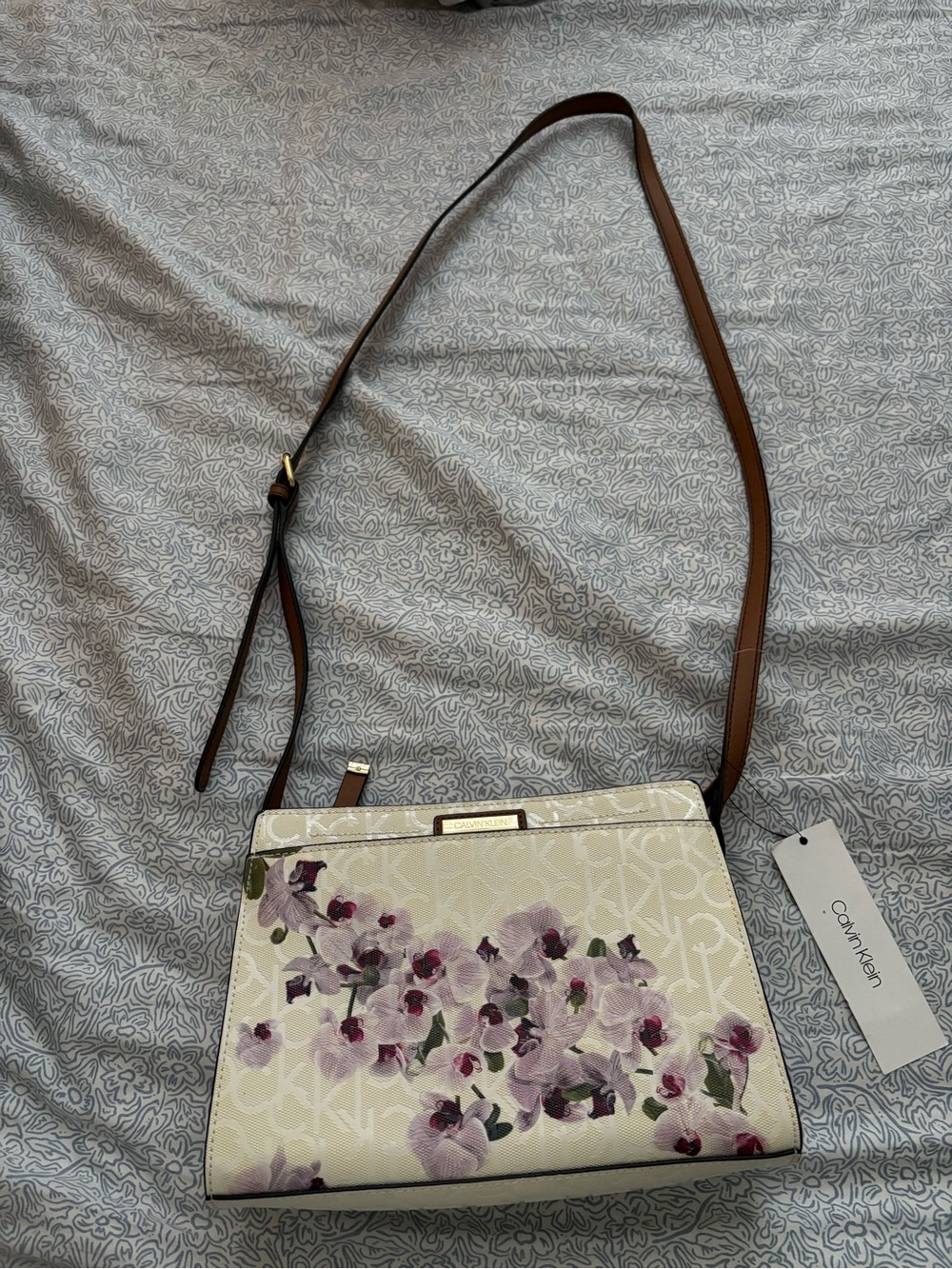 Calvin Klein Cream Floral Crossbody with Brown Strap